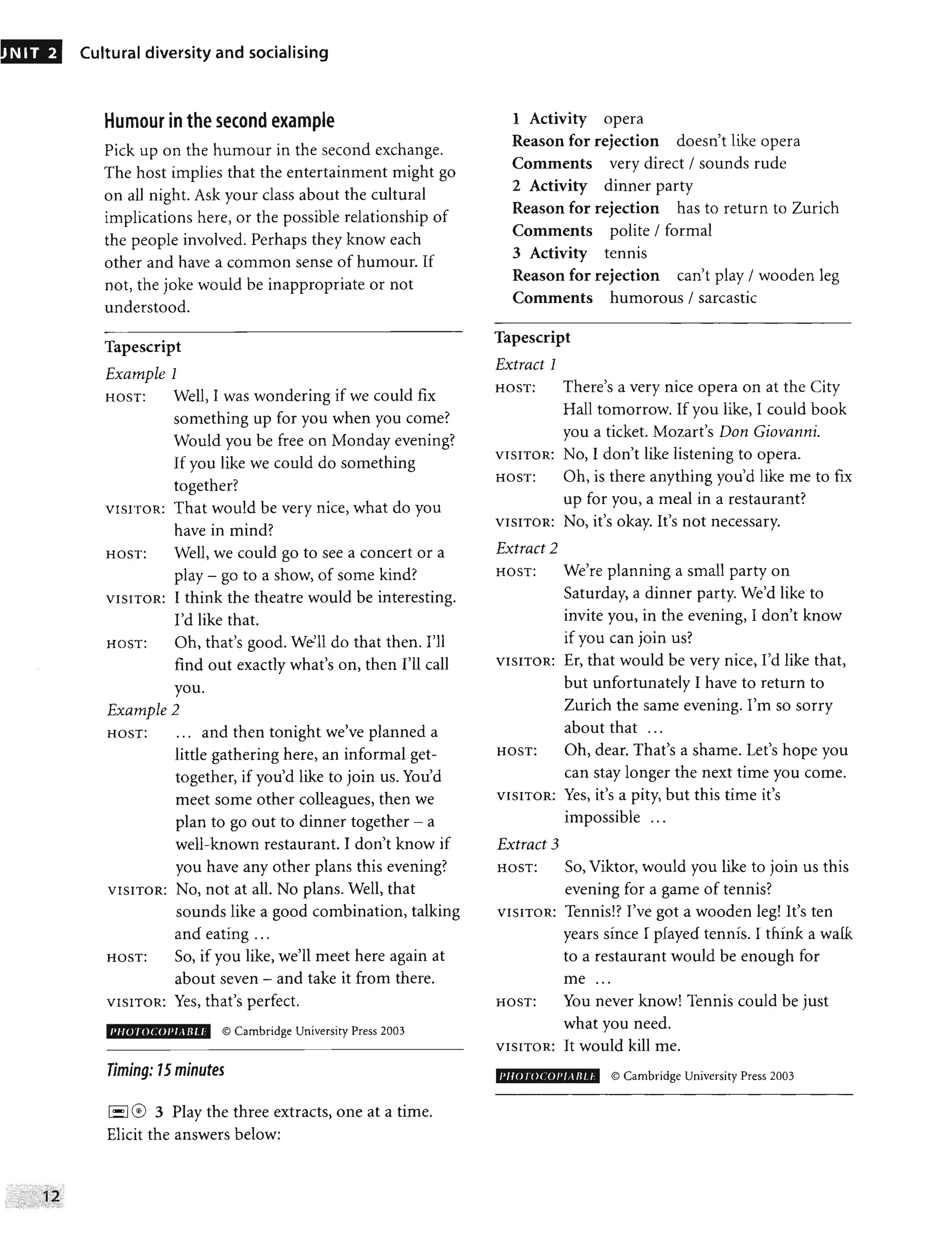 UNIT 2 Cultural diversity and socialising
Humour in the second example
Pick up on the humour in the second exchange.
The host implies that the entertainment might go
on all night. Ask your class about the cultural
implications here, or the possible relationship of
the people involved. Perhaps they know each
other and have a common sense of humour. If
not, the joke would be inappropriate or not
understood.
Tapescript
Example 1
HOST: Well, I was wondering if we could fix
something up for you when you come?
Would you be free on Monday evening?
If you like we could do something
together?
VISITOR: That would be very nice, what do you
have in mind?
HOST: Well, we could go to see a concert or a
play - go to a show, of some kind?
VISITOR: I think the theatre would be interesting.
I'd like that.
HOST: Oh, that's good. We'll do that then. I'll
find out exactly what's on, then I'll call
you.
Example 2
HOST: . .. and then tonight we've planned a
little gathering here, an informal get-
together, if you'd like to join us. You'd
meet some other colleagues, then we
plan to go out to dinner together - a
well-known restaurant. I don't know if
you have any other plans this evening?
VISITOR: No, not at all. No plans. Well, that
sounds like a good combination, talking
and eating ...
HOST: SO, if you like, we'll meet here again at
about seven - and take it from there.
VISITOR: Yes, that's perfect.
I'H{H OCO I' 1,1 HU © Cambridge University Press 2003
Timing: 15 minutes
I-I ® 3 Play the three extracts, one at a time.
Elicit the answers below:
1 Activity opera
Reason for rejection doesn't like opera
Comments very direct / sounds rude
2 Activity dinner party
Reason for rejection has to return to Zurich
Comments polite / formal
3 Activity tennis
Reason for rejection can't play / wooden leg
Comments humorous / sarcastic
Tapescript
Extract 1
HOST: There's a very nice opera on at the City
Hall tomorrow. If you like, I could book
you a ticket. Mozart's Don Giovanni.
VISITOR: No, I don't like listening to opera.
HOST: Oh, is there anything you'd like me to fix
up for you, a meal in a restaurant?
VISITOR: No, it's okay. It's not necessary.
Extract 2
HOST: We're planning a small party on
Saturday, a dinner party. We'd like to
invite you, in the evening, I don't know
if you can join us?
VISITOR: Er, that would be very nice, I'd like that,
but unfortunately I have to return to
Zurich the same evening. I'm so sorry
about that ...
HOST: Oh, dear. That's a shame. Let's hope you
can stay longer the next time you come.
VISITOR: Yes, it's a pity, but this time it's
impossible ...
Extract 3
HOST: SO, Viktor, would you like to join us this
evening for a game of tennis?
VISITOR: Tennis!? I've got a wooden leg! It's ten
years since I played tennis. I think a walk
to a restaurant would be enough for
me ...
HOST: You never know! Tennis could be just
what you need.
VISITOR: It would kill me.
1'110 rcleOl'1, ilL /- © Cambridge University Press 2003
 