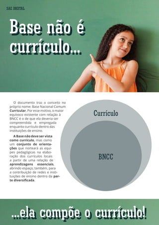 O documento traz o conceito no
próprio nome: Base Nacional Comum
Curricular. Por esse motivo, o maior
equívoco existente com relação à
BNCC é o de que ela deveria ser
compreendida e empregada
enquanto currículo dentro das
instituições de ensino.
A Base não deve ser vista
como currículo, mas como
um conjunto de orienta-
ções que norteará as equi-
pes pedagógicas na elabo-
ração dos currículos locais
a partir de uma relação de
aprendizagens essenciais,
abrindo espaço, também, para
a contribuição de redes e insti-
tuições de ensino dentro da par-
te diversificada.
Base não é
currículo...
Base não é
currículo...
...ela compõe o currículo!...ela compõe o currículo!
SAE DIGITAL
BNCC
Currículo
 