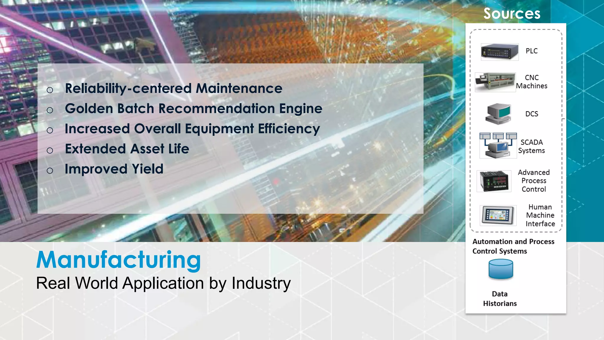 Manufacturing
Real World Application by Industry
o  Reliability-centered Maintenance
o  Golden Batch Recommendation Engine
o  Increased Overall Equipment Efficiency
o  Extended Asset Life
o  Improved Yield
Sources
 
