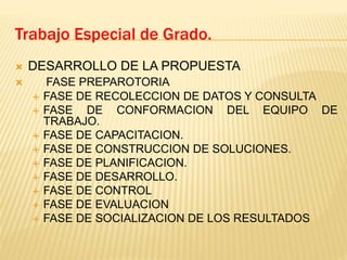  DESARROLLO DE LA PROPUESTA
 FASE PREPAROTORIA
 FASE DE RECOLECCION DE DATOS Y CONSULTA
 FASE DE CONFORMACION DEL EQUIPO DE
TRABAJO.
 FASE DE CAPACITACION.
 FASE DE CONSTRUCCION DE SOLUCIONES.
 FASE DE PLANIFICACION.
 FASE DE DESARROLLO.
 FASE DE CONTROL
 FASE DE EVALUACION
 FASE DE SOCIALIZACION DE LOS RESULTADOS
Trabajo Especial de Grado.
 