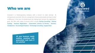 Who we are
Corpseed is a fastest-growing company, with a mission to make startups &
entrepreneurs successful. We are a young team of passionate people working to make
a difference in the lives of entrepreneurs by helping them achieve the organization
goals. We offer wide range of services which includes Startup Consulting | Startup
Funding | Business Registration | Government Licenses & Permits | Business
Compliances | Accounting & Taxation | Technology Consulting | Supply Chain
All your business needs
anytime, anywhere with
guaranteed cash back If
not satisfied
www.corpseed.com
 