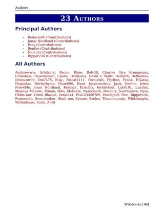 Authors


                           23 A UTHORS
Principal Authors
    •   Rodasmith (Contributions)
    •   Jonas Nordlund (Contributions)
    •   Eray (Contributions)
    •   Jlenthe (Contributions)
    •   Nercury (Contributions)
    •   Ripper234 (Contributions)

All Authors
Andyrewww, Arbitrary, Bacon, Bijee, Boly38, Charles Iliya Krempeaux,
Chmohan, Chowmeined, Cpons, Darklama, David C Walls, Derbeth, Dethomas,
Devourer09, Dm7475, Eray, Fatcat1111, Feraudyh, Fly4fun, Frank, HGatta,
Hagindaz, Herbythyme, Huan086, Hyad, Jesperordrup, Jguk, Jlenthe, Jokes
Free4Me, Jonas Nordlund, Kernigh, Krischik, Kwhitefoot, Luke101, Lux-fiat,
Magnus Manske, Minun, Mkn, Mshonle, Nanodeath, Nercury, Northgrove, Nym,
Ohms law, Orion Blastar, Panic2k4, Pcu123456789, Peachpuff, Plee, Ripper234,
Rodasmith, Scorchsaber, Shall mn, Sytone, Szelee, Thambiduraip, Whiteknight,
Withinfocus, Yurik, Zr40




                                                              Wikibooks | 63
 