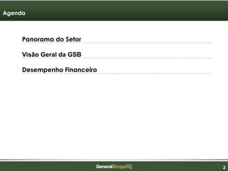 222
Visão Geral da GSB
Agenda
Panorama do Setor
Desempenho Financeiro
 