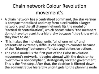 Chain network Colour Revolution
movement’s
• A chain network has a centralized command, the star version
is compartmentalized and may form a cell within a larger
network, and the all channel network fits the model of
“tactical decentralization”, which occurs when “the members
do not have to resort to a hierarchy because “they know what
they have to do.”
• This makes the individual units “all of one mind” and
presents an extremely difficult challenge to counter because
of the “blurring” between offensive and defensive actions.
• The chain model is the first part of the Color Revolution
movement’s network. It begins abroad with the decision to
overthrow a noncompliant, strategically located government.
This is the first step. After that, the decision is filtered down
the administrative hierarchy until it gets to the planning node
 
