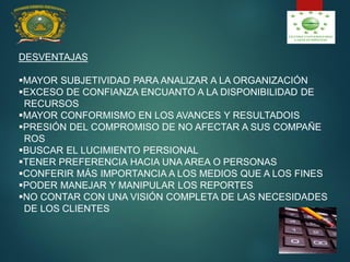 DESVENTAJAS
MAYOR SUBJETIVIDAD PARA ANALIZAR A LA ORGANIZACIÓN
EXCESO DE CONFIANZA ENCUANTO A LA DISPONIBILIDAD DE
RECURSOS
MAYOR CONFORMISMO EN LOS AVANCES Y RESULTADOIS
PRESIÓN DEL COMPROMISO DE NO AFECTAR A SUS COMPAÑE
ROS
BUSCAR EL LUCIMIENTO PERSIONAL
TENER PREFERENCIA HACIA UNA AREA O PERSONAS
CONFERIR MÁS IMPORTANCIA A LOS MEDIOS QUE A LOS FINES
PODER MANEJAR Y MANIPULAR LOS REPORTES
NO CONTAR CON UNA VISIÓN COMPLETA DE LAS NECESIDADES
DE LOS CLIENTES
 