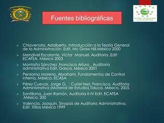Fuentes bibliográficas
 Chiavenato, Adalberto, Introducción a la Teoría General
de la Administración .Edit. Mc Graw Hill.México 2000
 Mendivel Escalante, Víctor Manuel. Auditoria .Edit
ECAFSA. México 2003
 Montaño Sánchez ,Francisco Arturo . Auditoria
administrativa Edit. Gasca. México 2001
 Perdomo Moreno, Abraham, Fundamentos de Control
interno, México, ECASA
 Pérez Cuevas, Jorge G. ; Curiel Neri, Francisco. Auditoria
Administrativa (Material de Estudio).Toluca, México, 2005.
 Santillana, Juan Ramón, Auditoria II-IV Edit. ECAFSA
.México, 200
 Valencia, Joaquín. Sinopsis de Auditoria Administrativa.
Edit. Trillas México 1999
 