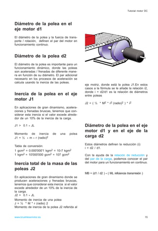 Diámetro de la polea en el
eje motor d1
El diámetro de la polea y la fuerza de trans-
porte / rotación, definen el par del motor en
funcionamiento continuo.
Diámetro de la polea d2
El diámetro de la polea es importante para un
funcionamiento dinámico, donde las poleas
son aceleradas / frenadas de diferente mane-
ra en función de su diámetro. El par adicional
necesario en los procesos de aceleración se
calcula usando la inercia de las poleas.
Inercia de la polea en el eje
motor J1
En aplicaciones de gran dinamismo, acelera-
ciones y frenadas bruscas, tenemos que con-
siderar esta inercia si el valor excede alrede-
dor de un 10% de la inercia de la carga.
J1 > 0.1 * JL
Momento de inercia de una polea
J1 = ½ * m * r (radio)2
Tabla de conversión:
1 gcm2 = 0.000'000'1 kgm2 = 10-7 kgm2
1 kgm2 = 10'000'000 gcm2 = 107 gcm2
Inercia total de la masa de las
poleas J2
En aplicaciones de gran dinamismo donde se
producen aceleraciones y frenadas bruscas,
tenemos que considerar esta inercia si el valor
excede alrededor de un 10% de la inercia de
la carga.
J2 > 0.1 * JL
Momento de inercia de una polea
J = ½ * M * r (radio) 2
Momento de inercia de la polea J2 referida al
eje motriz, donde está la polea J1.En estos
casos a la fórmula se le añade la relación i2,
donde i = d2/d1 es la relación de diámetros
entre poleas
J2 = ( ½ * M2 * r2 (radio)2 ) * i2
Diámetro de la polea en el eje
motor d1 y en el eje de la
carga d2
Estos diámetros definen la reducción (i):
i = d2 / d1.
Con la ayuda de la relación de reducción y
del par de la carga, podemos conocer el par
del motor para un funcionamiento en continuo.
MB = (d1 / d2 ) * ( ML /eficiencia transmisión )
15www.brushlessmotor.es
Tutorial motor DC
 