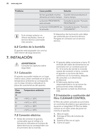 Problema Causa posible Solución
Se han guardado muchos
alimentos al mismo tiempo.
Guarde menos productos al
mismo tiempo.
La función FROSTMATIC
está activada.
Consulte la sección “Función
FROSTMATIC”.
La función COOLMATIC es-
tá activada.
Consulte la sección “Función
COOLMATIC”.
Si el consejo anterior no
ofrece resultados, llame al
servicio técnico autorizado
más cercano.
6.2 Cambio de la bombilla
El aparato está equipado con una luz
LED interior de larga duración.
El dispositivo de iluminación solo debe
ser sustituido por el servicio técnico.
Póngase en contacto con el servicio
técnico.
7. INSTALACIÓN
ADVERTENCIA!
Consulte los capítulos sobre
seguridad.
7.1 Colocación
El aparato se puede instalar en un lugar
interior seco y bien ventilado en el que la
temperatura ambiente se corresponda
con la clase climática indicada en la
placa de características del aparato:
Clase
climáti-
ca
Temperatura ambiente
SN +10°C a + 32°C
N +16°C a + 32°C
ST +16°C a + 38°C
T +16°C a + 43°C
7.2 Conexión eléctrica
• Antes de conectar el aparato,
compruebe que el voltaje y la
frecuencia indicados en la placa de
datos técnicos se corresponden con
el suministro de la vivienda.
• El aparato debe conectarse a tierra. El
enchufe del cable de alimentación se
suministra con un contacto para tal
fin. Si la toma de red de la vivienda
carece de conexión a tierra, conecte
el aparato a una toma de tierra
conforme con la normativa, después
de consultar a un electricista
profesional
• El fabricante declina toda
responsabilidad si no se toman las
precauciones antes indicadas.
• Este aparato cumple las directivas
CEE.
7.3 Instalación y sustitución del
filtro CLEANAIR CONTROL
El filtro de carbón activado se suministra
en una bolsa de plástico que garantiza su
duración e integridad. El filtro se debe
colocar en el cajón antes de poner en
marcha el aparato.
1. Abra el cajón.
2. Extraiga el filtro de la bolsa de
plástico.
3. Inserte el filtro en el cajón.
4. Cierre el cajón.
www.aeg.com28
 