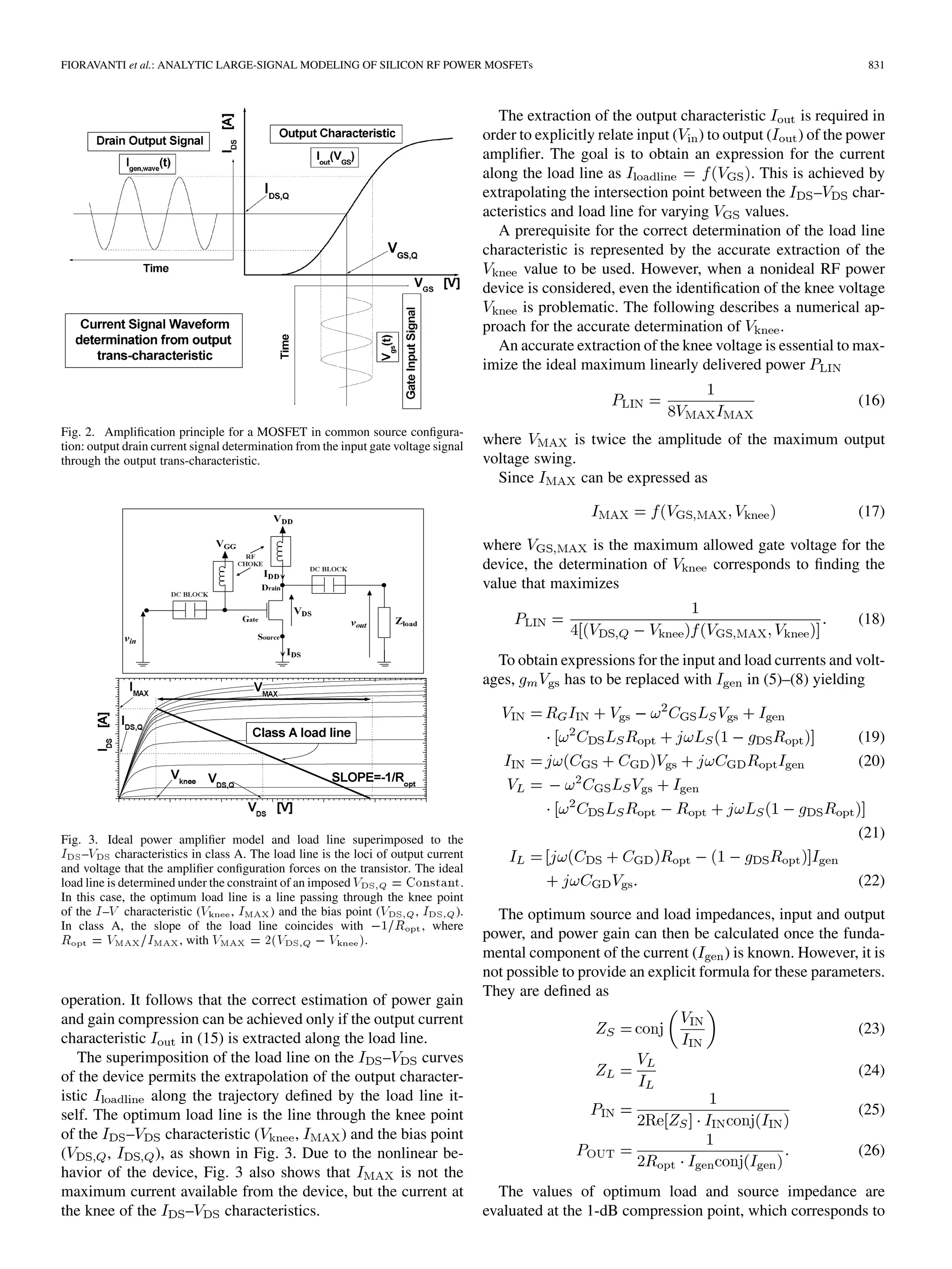 FIORAVANTI et al.: ANALYTIC LARGE-SIGNAL MODELING OF SILICON RF POWER MOSFETs 831
Fig. 2. Amplification principle for a MOSFET in common source configura-
tion: output drain current signal determination from the input gate voltage signal
through the output trans-characteristic.
Fig. 3. Ideal power amplifier model and load line superimposed to the
I –V characteristics in class A. The load line is the loci of output current
and voltage that the amplifier configuration forces on the transistor. The ideal
load line is determined under the constraint of an imposed V = Constant.
In this case, the optimum load line is a line passing through the knee point
of the I–V characteristic (V , I ) and the bias point (V , I ).
In class A, the slope of the load line coincides with 01=R , where
R = V =I , with V = 2(V 0V ).
operation. It follows that the correct estimation of power gain
and gain compression can be achieved only if the output current
characteristic in (15) is extracted along the load line.
The superimposition of the load line on the – curves
of the device permits the extrapolation of the output character-
istic along the trajectory defined by the load line it-
self. The optimum load line is the line through the knee point
of the – characteristic ( , ) and the bias point
( , ), as shown in Fig. 3. Due to the nonlinear be-
havior of the device, Fig. 3 also shows that is not the
maximum current available from the device, but the current at
the knee of the – characteristics.
The extraction of the output characteristic is required in
order to explicitly relate input ( ) to output ( ) of the power
amplifier. The goal is to obtain an expression for the current
along the load line as . This is achieved by
extrapolating the intersection point between the – char-
acteristics and load line for varying values.
A prerequisite for the correct determination of the load line
characteristic is represented by the accurate extraction of the
value to be used. However, when a nonideal RF power
device is considered, even the identification of the knee voltage
is problematic. The following describes a numerical ap-
proach for the accurate determination of .
An accurate extraction of the knee voltage is essential to max-
imize the ideal maximum linearly delivered power
(16)
where is twice the amplitude of the maximum output
voltage swing.
Since can be expressed as
(17)
where is the maximum allowed gate voltage for the
device, the determination of corresponds to finding the
value that maximizes
(18)
To obtain expressions for the input and load currents and volt-
ages, has to be replaced with in (5)–(8) yielding
(19)
(20)
(21)
(22)
The optimum source and load impedances, input and output
power, and power gain can then be calculated once the funda-
mental component of the current ( ) is known. However, it is
not possible to provide an explicit formula for these parameters.
They are defined as
(23)
(24)
(25)
(26)
The values of optimum load and source impedance are
evaluated at the 1-dB compression point, which corresponds to
 