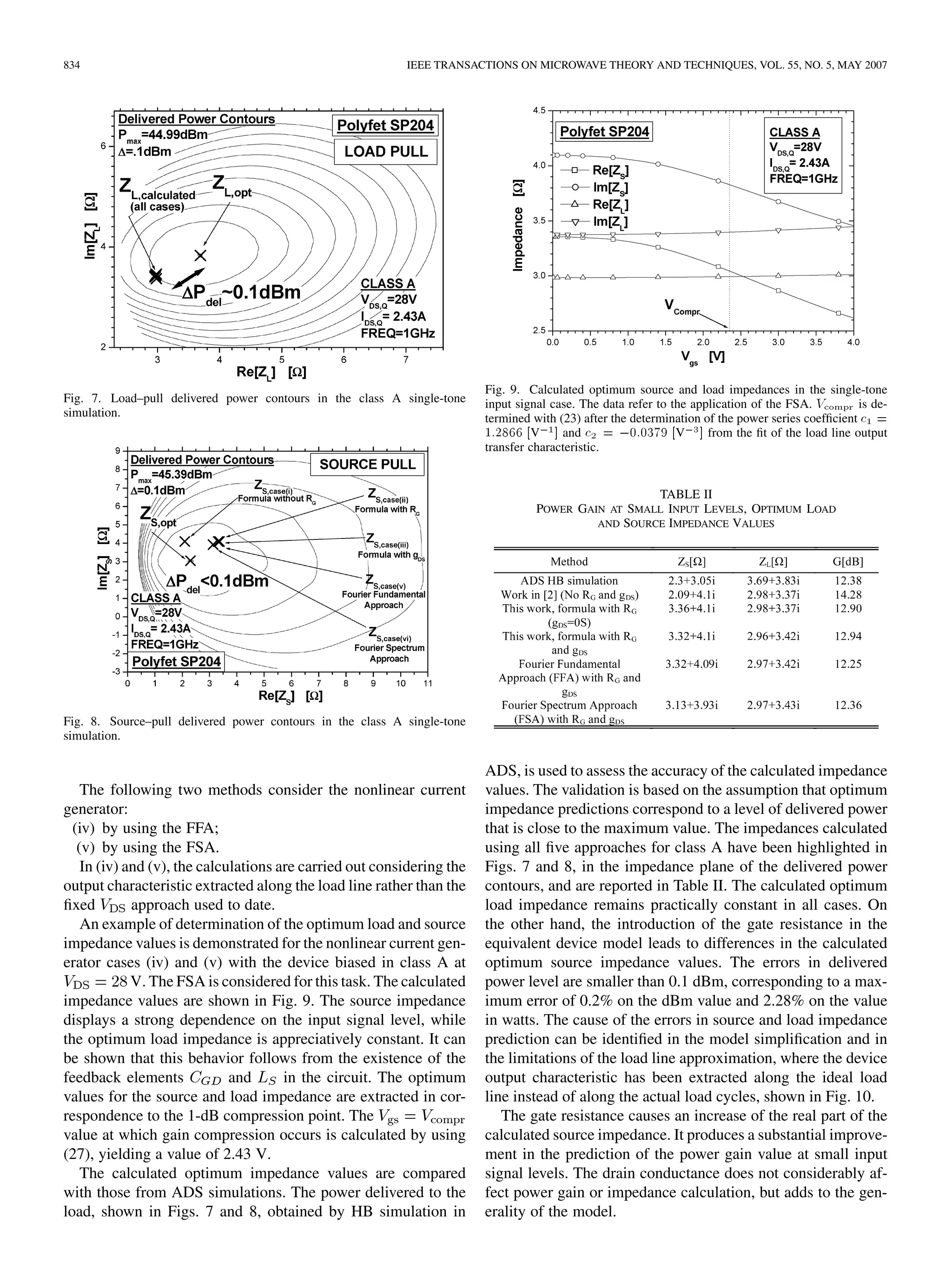834 IEEE TRANSACTIONS ON MICROWAVE THEORY AND TECHNIQUES, VOL. 55, NO. 5, MAY 2007
Fig. 7. Load–pull delivered power contours in the class A single-tone
simulation.
Fig. 8. Source–pull delivered power contours in the class A single-tone
simulation.
The following two methods consider the nonlinear current
generator:
(iv) by using the FFA;
(v) by using the FSA.
In (iv) and (v), the calculations are carried out considering the
output characteristic extracted along the load line rather than the
fixed approach used to date.
An example of determination of the optimum load and source
impedance values is demonstrated for the nonlinear current gen-
erator cases (iv) and (v) with the device biased in class A at
V. The FSA is considered for this task. The calculated
impedance values are shown in Fig. 9. The source impedance
displays a strong dependence on the input signal level, while
the optimum load impedance is appreciatively constant. It can
be shown that this behavior follows from the existence of the
feedback elements and in the circuit. The optimum
values for the source and load impedance are extracted in cor-
respondence to the 1-dB compression point. The
value at which gain compression occurs is calculated by using
(27), yielding a value of 2.43 V.
The calculated optimum impedance values are compared
with those from ADS simulations. The power delivered to the
load, shown in Figs. 7 and 8, obtained by HB simulation in
Fig. 9. Calculated optimum source and load impedances in the single-tone
input signal case. The data refer to the application of the FSA. V is de-
termined with (23) after the determination of the power series coefficient c =
1:2866 [V ] and c = 00:0379 [V ] from the fit of the load line output
transfer characteristic.
TABLE II
POWER GAIN AT SMALL INPUT LEVELS, OPTIMUM LOAD
AND SOURCE IMPEDANCE VALUES
ADS, is used to assess the accuracy of the calculated impedance
values. The validation is based on the assumption that optimum
impedance predictions correspond to a level of delivered power
that is close to the maximum value. The impedances calculated
using all five approaches for class A have been highlighted in
Figs. 7 and 8, in the impedance plane of the delivered power
contours, and are reported in Table II. The calculated optimum
load impedance remains practically constant in all cases. On
the other hand, the introduction of the gate resistance in the
equivalent device model leads to differences in the calculated
optimum source impedance values. The errors in delivered
power level are smaller than 0.1 dBm, corresponding to a max-
imum error of 0.2% on the dBm value and 2.28% on the value
in watts. The cause of the errors in source and load impedance
prediction can be identified in the model simplification and in
the limitations of the load line approximation, where the device
output characteristic has been extracted along the ideal load
line instead of along the actual load cycles, shown in Fig. 10.
The gate resistance causes an increase of the real part of the
calculated source impedance. It produces a substantial improve-
ment in the prediction of the power gain value at small input
signal levels. The drain conductance does not considerably af-
fect power gain or impedance calculation, but adds to the gen-
erality of the model.
 
