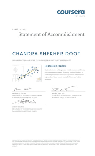 coursera.org
Statement of Accomplishment
APRIL 04, 2015
CHANDRA SHEKHER DOOT
HAS SUCCESSFULLY COMPLETED THE JOHNS HOPKINS UNIVERSITY'S OFFERING OF
Regression Models
Students learn how to fit regression models, interpret coefficients,
and investigate residuals and variability. Students also learn to
use dummy variables, multivariable adjustment, and extensions
to generalized linear models, especially Poisson and logistic
regression.
BRIAN CAFFO, PHD, MS
DEPARTMENT OF BIOSTATISTICS, JOHNS HOPKINS
BLOOMBERG SCHOOL OF PUBLIC HEALTH
ROGER D. PENG, PHD
DEPARTMENT OF BIOSTATISTICS, JOHNS HOPKINS
BLOOMBERG SCHOOL OF PUBLIC HEALTH
JEFFREY LEEK, PHD
DEPARTMENT OF BIOSTATISTICS, JOHNS HOPKINS
BLOOMBERG SCHOOL OF PUBLIC HEALTH
PLEASE NOTE: THE ONLINE OFFERING OF THIS CLASS DOES NOT REFLECT THE ENTIRE CURRICULUM OFFERED TO STUDENTS ENROLLED AT
THE JOHNS HOPKINS UNIVERSITY. THIS STATEMENT DOES NOT AFFIRM THAT THIS STUDENT WAS ENROLLED AS A STUDENT AT THE JOHNS
HOPKINS UNIVERSITY IN ANY WAY. IT DOES NOT CONFER A JOHNS HOPKINS UNIVERSITY GRADE; IT DOES NOT CONFER JOHNS HOPKINS
UNIVERSITY CREDIT; IT DOES NOT CONFER A JOHNS HOPKINS UNIVERSITY DEGREE; AND IT DOES NOT VERIFY THE IDENTITY OF THE
STUDENT.
 