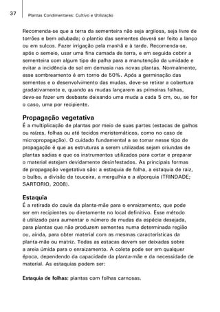 37 Plantas Condimentares: Cultivo e Utilização
Recomenda-se que a terra da sementeira não seja argilosa, seja livre de
torrões e bem adubada; o plantio das sementes deverá ser feito a lanço
ou em sulcos. Fazer irrigação pela manhã e à tarde. Recomenda-se,
após o semeio, usar uma fina camada de terra, e em seguida cobrir a
sementeira com algum tipo de palha para a manutenção da umidade e
evitar a incidência de sol em demasia nas novas plantas. Normalmente,
esse sombreamento é em torno de 50%. Após a germinação das
sementes e o desenvolvimento das mudas, deve-se retirar a cobertura
gradativamente e, quando as mudas lançarem as primeiras folhas,
deve-se fazer um desbaste deixando uma muda a cada 5 cm, ou, se for
o caso, uma por recipiente.
Propagação vegetativa
É a multiplicação de plantas por meio de suas partes (estacas de galhos
ou raízes, folhas ou até tecidos meristemáticos, como no caso de
micropropagação). O cuidado fundamental a se tomar nesse tipo de
propagação é que as estruturas a serem utilizadas sejam oriundas de
plantas sadias e que os instrumentos utilizados para cortar e preparar
o material estejam devidamente desinfestados. As principais formas
de propagação vegetativa são: a estaquia de folha, a estaquia de raiz,
o bulbo, a divisão de touceira, a mergulhia e a alporquia (TRINDADE;
SARTORIO, 2008).
Estaquia
É a retirada do caule da planta-mãe para o enraizamento, que pode
ser em recipientes ou diretamente no local definitivo. Esse método
é utilizado para aumentar o número de mudas da espécie desejada,
para plantas que não produzem sementes numa determinada região
ou, ainda, para obter material com as mesmas características da
planta-mãe ou matriz. Todas as estacas devem ser deixadas sobre
a areia úmida para o enraizamento. A coleta pode ser em qualquer
época, dependendo da capacidade da planta-mãe e da necessidade de
material. As estaquias podem ser:
Estaquia de folhas: plantas com folhas carnosas.
 