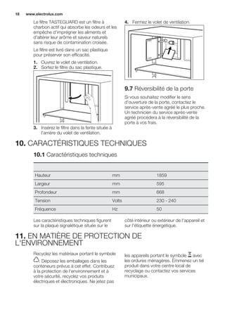 Le filtre TASTEGUARD est un filtre à
charbon actif qui absorbe les odeurs et les
empêche d'imprégner les aliments et
d'altérer leur arôme et saveur naturels
sans risque de contamination croisée.
Le filtre est livré dans un sac plastique
pour préserver son efficacité.
1. Ouvrez le volet de ventilation.
2. Sortez le filtre du sac plastique.
3. Insérez le filtre dans la fente située à
l'arrière du volet de ventilation.
4. Fermez le volet de ventilation.
9.7 Réversibilité de la porte
Si vous souhaitez modifier le sens
d'ouverture de la porte, contactez le
service après-vente agréé le plus proche.
Un technicien du service après-vente
agréé procédera à la réversibilité de la
porte à vos frais.
10. CARACTÉRISTIQUES TECHNIQUES
10.1 Caractéristiques techniques
Hauteur mm 1859
Largeur mm 595
Profondeur mm 668
Tension Volts 230 - 240
Fréquence Hz 50
Les caractéristiques techniques figurent
sur la plaque signalétique située sur le
côté intérieur ou extérieur de l'appareil et
sur l'étiquette énergétique.
11. EN MATIÈRE DE PROTECTION DE
L'ENVIRONNEMENT
Recyclez les matériaux portant le symbole
. Déposez les emballages dans les
conteneurs prévus à cet effet. Contribuez
à la protection de l'environnement et à
votre sécurité, recyclez vos produits
électriques et électroniques. Ne jetez pas
les appareils portant le symbole avec
les ordures ménagères. Emmenez un tel
produit dans votre centre local de
recyclage ou contactez vos services
municipaux.
www.electrolux.com18
 