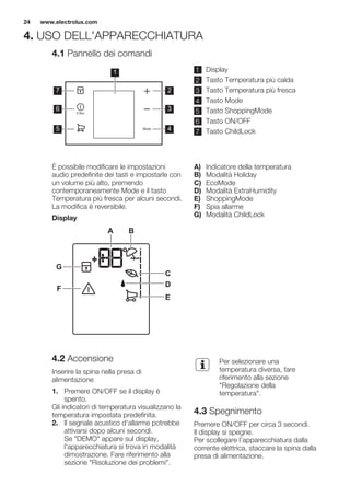 4. USO DELL'APPARECCHIATURA
4.1 Pannello dei comandi
1
2
3
4
7
6
5
1 Display
2 Tasto Temperatura più calda
3 Tasto Temperatura più fresca
4 Tasto Mode
5 Tasto ShoppingMode
6 Tasto ON/OFF
7 Tasto ChildLock
È possibile modificare le impostazioni
audio predefinite dei tasti e impostarle con
un volume più alto, premendo
contemporaneamente Mode e il tasto
Temperatura più fresca per alcuni secondi.
La modifica è reversibile.
Display
A B
C
D
E
F
G
A) Indicatore della temperatura
B) Modalità Holiday
C) EcoMode
D) Modalità ExtraHumidity
E) ShoppingMode
F) Spia allarme
G) Modalità ChildLock
4.2 Accensione
Inserire la spina nella presa di
alimentazione
1. Premere ON/OFF se il display è
spento.
Gli indicatori di temperatura visualizzano la
temperatura impostata predefinita.
2. Il segnale acustico d'allarme potrebbe
attivarsi dopo alcuni secondi.
Se "DEMO" appare sul display,
l'apparecchiatura si trova in modalità
dimostrazione. Fare riferimento alla
sezione "Risoluzione dei problemi".
Per selezionare una
temperatura diversa, fare
riferimento alla sezione
"Regolazione della
temperatura".
4.3 Spegnimento
Premere ON/OFF per circa 3 secondi.
Il display si spegne.
Per scollegare l’apparecchiatura dalla
corrente elettrica, staccare la spina dalla
presa di alimentazione.
www.electrolux.com24
 