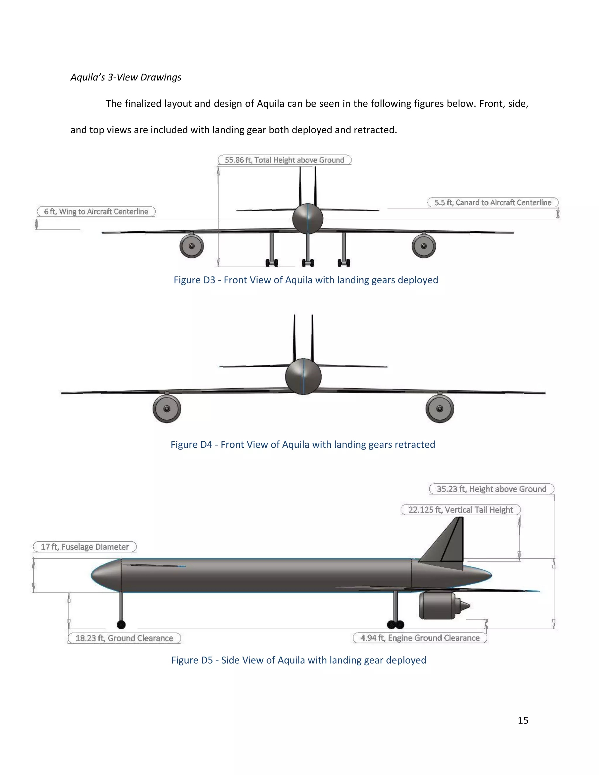 Aquila’s 3-View Drawings
The finalized layout and design of Aquila can be seen in the following figures below. Front, side,
and top views are included with landing gear both deployed and retracted.

Figure D3 - Front View of Aquila with landing gears deployed

Figure D4 - Front View of Aquila with landing gears retracted

Figure D5 - Side View of Aquila with landing gear deployed

15

 