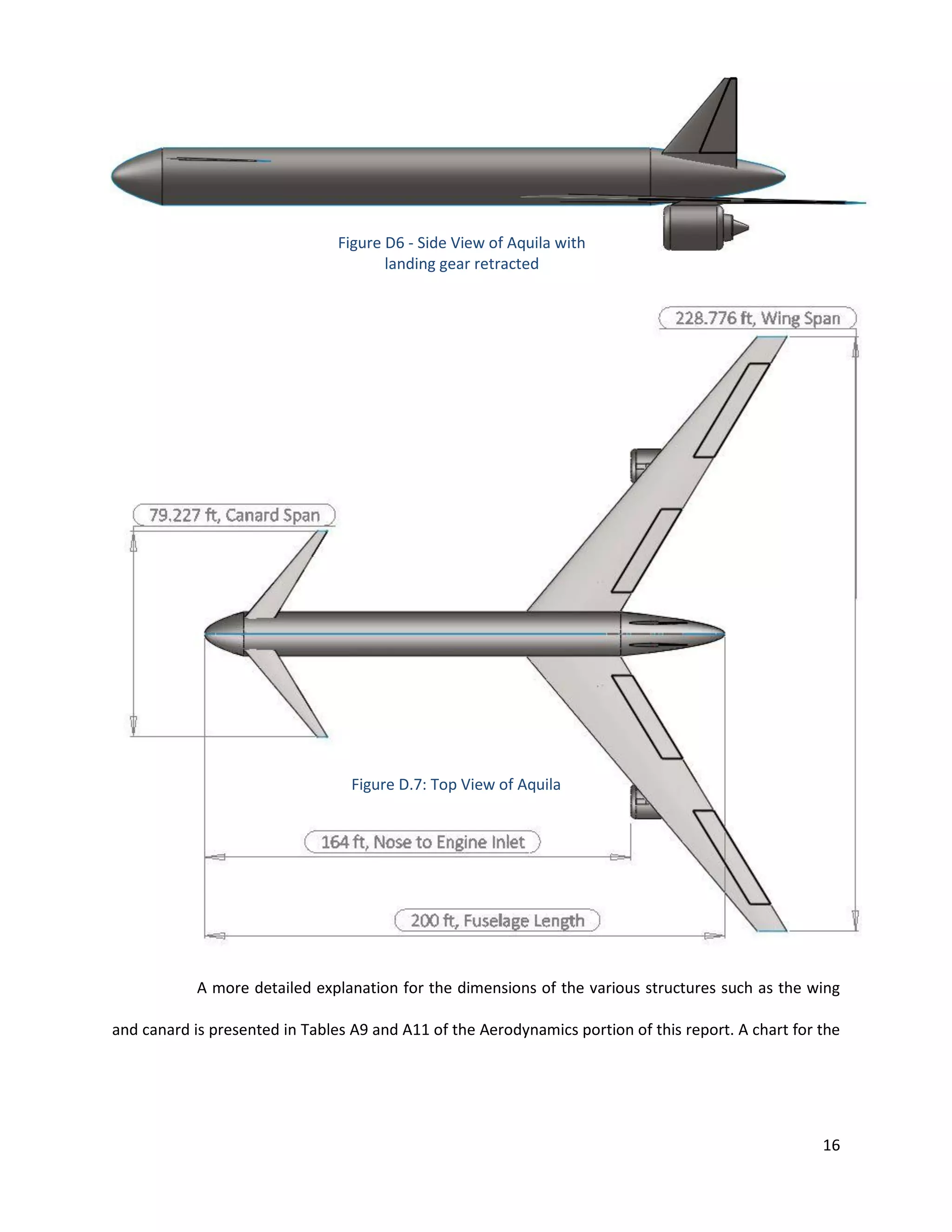 Figure D6 - Side View of Aquila with
landing gear retracted

Figure D.7: Top View of Aquila

A more detailed explanation for the dimensions of the various structures such as the wing
and canard is presented in Tables A9 and A11 of the Aerodynamics portion of this report. A chart for the

16

 