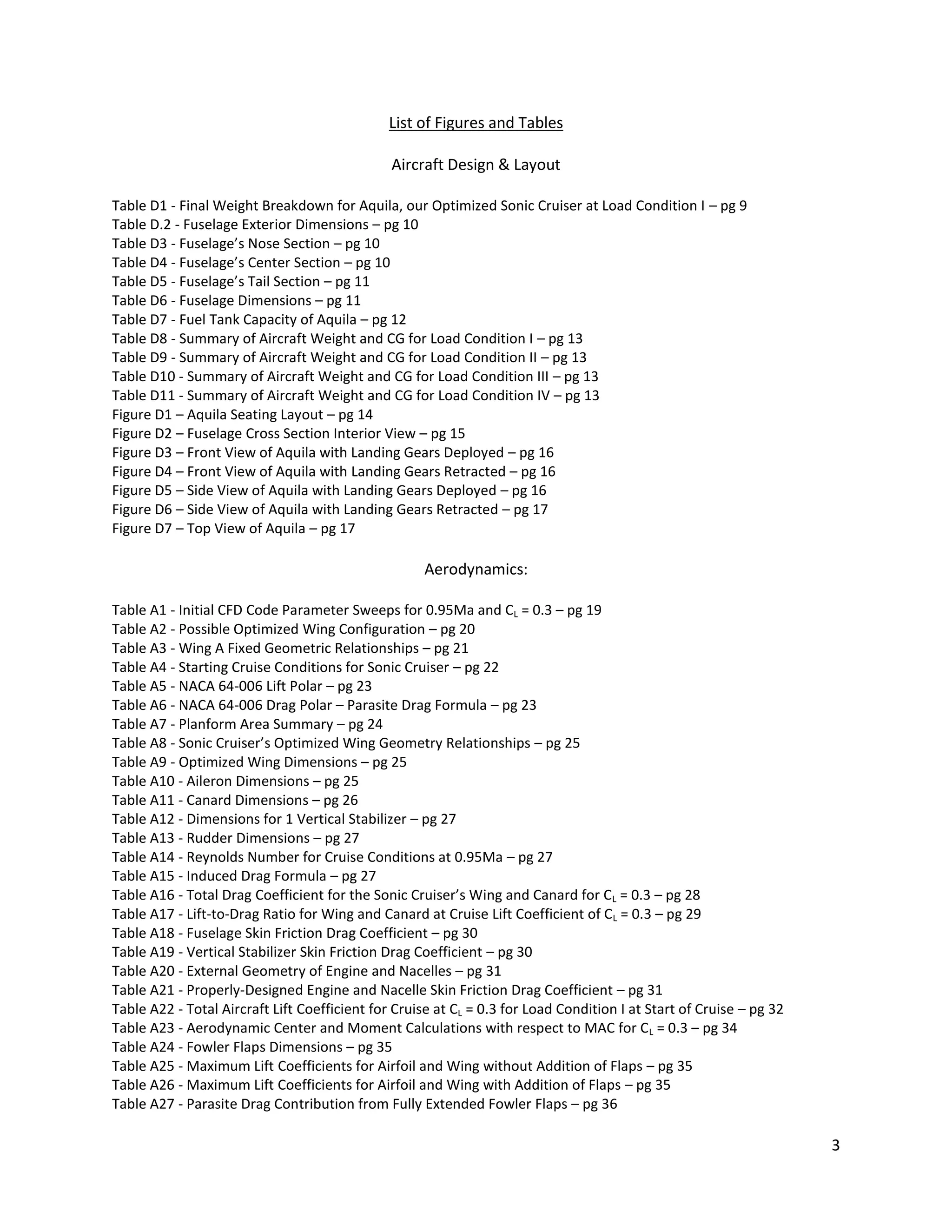 List of Figures and Tables
Aircraft Design & Layout
Table D1 - Final Weight Breakdown for Aquila, our Optimized Sonic Cruiser at Load Condition I – pg 9
Table D.2 - Fuselage Exterior Dimensions – pg 10
Table D3 - Fuselage’s Nose Section – pg 10
Table D4 - Fuselage’s Center Section – pg 10
Table D5 - Fuselage’s Tail Section – pg 11
Table D6 - Fuselage Dimensions – pg 11
Table D7 - Fuel Tank Capacity of Aquila – pg 12
Table D8 - Summary of Aircraft Weight and CG for Load Condition I – pg 13
Table D9 - Summary of Aircraft Weight and CG for Load Condition II – pg 13
Table D10 - Summary of Aircraft Weight and CG for Load Condition III – pg 13
Table D11 - Summary of Aircraft Weight and CG for Load Condition IV – pg 13
Figure D1 – Aquila Seating Layout – pg 14
Figure D2 – Fuselage Cross Section Interior View – pg 15
Figure D3 – Front View of Aquila with Landing Gears Deployed – pg 16
Figure D4 – Front View of Aquila with Landing Gears Retracted – pg 16
Figure D5 – Side View of Aquila with Landing Gears Deployed – pg 16
Figure D6 – Side View of Aquila with Landing Gears Retracted – pg 17
Figure D7 – Top View of Aquila – pg 17

Aerodynamics:
Table A1 - Initial CFD Code Parameter Sweeps for 0.95Ma and CL = 0.3 – pg 19
Table A2 - Possible Optimized Wing Configuration – pg 20
Table A3 - Wing A Fixed Geometric Relationships – pg 21
Table A4 - Starting Cruise Conditions for Sonic Cruiser – pg 22
Table A5 - NACA 64-006 Lift Polar – pg 23
Table A6 - NACA 64-006 Drag Polar – Parasite Drag Formula – pg 23
Table A7 - Planform Area Summary – pg 24
Table A8 - Sonic Cruiser’s Optimized Wing Geometry Relationships – pg 25
Table A9 - Optimized Wing Dimensions – pg 25
Table A10 - Aileron Dimensions – pg 25
Table A11 - Canard Dimensions – pg 26
Table A12 - Dimensions for 1 Vertical Stabilizer – pg 27
Table A13 - Rudder Dimensions – pg 27
Table A14 - Reynolds Number for Cruise Conditions at 0.95Ma – pg 27
Table A15 - Induced Drag Formula – pg 27
Table A16 - Total Drag Coefficient for the Sonic Cruiser’s Wing and Canard for CL = 0.3 – pg 28
Table A17 - Lift-to-Drag Ratio for Wing and Canard at Cruise Lift Coefficient of CL = 0.3 – pg 29
Table A18 - Fuselage Skin Friction Drag Coefficient – pg 30
Table A19 - Vertical Stabilizer Skin Friction Drag Coefficient – pg 30
Table A20 - External Geometry of Engine and Nacelles – pg 31
Table A21 - Properly-Designed Engine and Nacelle Skin Friction Drag Coefficient – pg 31
Table A22 - Total Aircraft Lift Coefficient for Cruise at CL = 0.3 for Load Condition I at Start of Cruise – pg 32
Table A23 - Aerodynamic Center and Moment Calculations with respect to MAC for C L = 0.3 – pg 34
Table A24 - Fowler Flaps Dimensions – pg 35
Table A25 - Maximum Lift Coefficients for Airfoil and Wing without Addition of Flaps – pg 35
Table A26 - Maximum Lift Coefficients for Airfoil and Wing with Addition of Flaps – pg 35
Table A27 - Parasite Drag Contribution from Fully Extended Fowler Flaps – pg 36

3

 