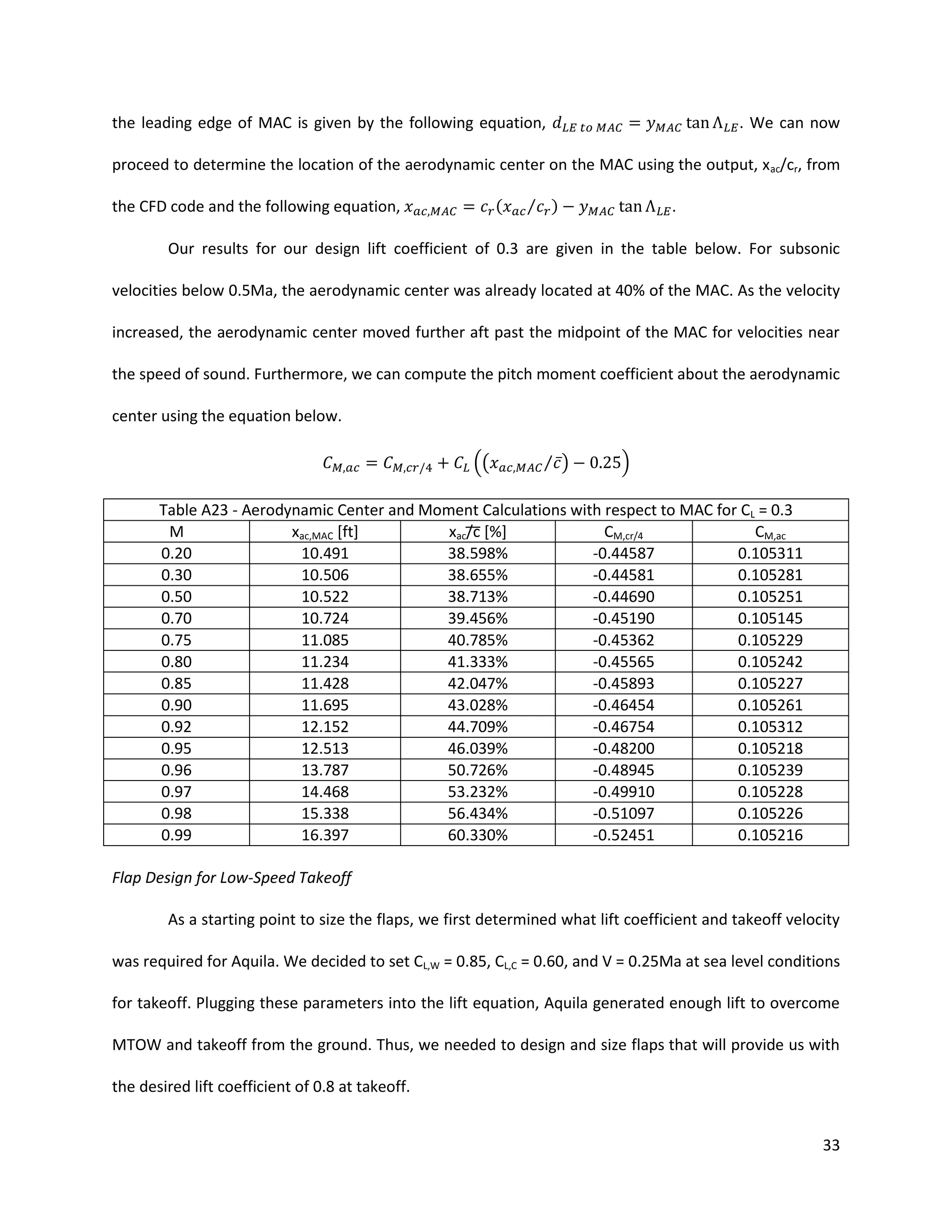 the leading edge of MAC is given by the following equation,

. We can now

proceed to determine the location of the aerodynamic center on the MAC using the output, x ac/cr, from
(

the CFD code and the following equation,

⁄ )

.

Our results for our design lift coefficient of 0.3 are given in the table below. For subsonic
velocities below 0.5Ma, the aerodynamic center was already located at 40% of the MAC. As the velocity
increased, the aerodynamic center moved further aft past the midpoint of the MAC for velocities near
the speed of sound. Furthermore, we can compute the pitch moment coefficient about the aerodynamic
center using the equation below.
((

⁄ ̅)

)

Table A23 - Aerodynamic Center and Moment Calculations with respect to MAC for CL = 0.3
M
xac,MAC [ft]
xac c [%]
CM,cr/4
CM,ac
0.20
10.491
38.598%
-0.44587
0.105311
0.30
10.506
38.655%
-0.44581
0.105281
0.50
10.522
38.713%
-0.44690
0.105251
0.70
10.724
39.456%
-0.45190
0.105145
0.75
11.085
40.785%
-0.45362
0.105229
0.80
11.234
41.333%
-0.45565
0.105242
0.85
11.428
42.047%
-0.45893
0.105227
0.90
11.695
43.028%
-0.46454
0.105261
0.92
12.152
44.709%
-0.46754
0.105312
0.95
12.513
46.039%
-0.48200
0.105218
0.96
13.787
50.726%
-0.48945
0.105239
0.97
14.468
53.232%
-0.49910
0.105228
0.98
15.338
56.434%
-0.51097
0.105226
0.99
16.397
60.330%
-0.52451
0.105216
Flap Design for Low-Speed Takeoff
As a starting point to size the flaps, we first determined what lift coefficient and takeoff velocity
was required for Aquila. We decided to set CL,W = 0.85, CL,C = 0.60, and V = 0.25Ma at sea level conditions
for takeoff. Plugging these parameters into the lift equation, Aquila generated enough lift to overcome
MTOW and takeoff from the ground. Thus, we needed to design and size flaps that will provide us with
the desired lift coefficient of 0.8 at takeoff.
33

 