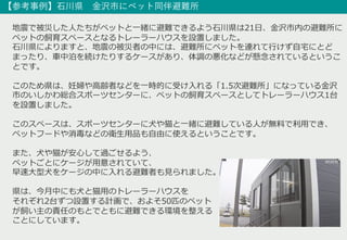 【参考事例】⽯川県 ⾦沢市にペット同伴避難所
地震で被災した⼈たちがペットと⼀緒に避難できるよう⽯川県は21⽇、⾦沢市内の避難所に
ペットの飼育スペースとなるトレーラーハウスを設置しました。
⽯川県によりますと、地震の被災者の中には、避難所にペットを連れて⾏けず⾃宅にとど
まったり、⾞中泊を続けたりするケースがあり、体調の悪化などが懸念されているというこ
とです。
このため県は、妊婦や⾼齢者などを⼀時的に受け⼊れる「1.5次避難所」になっている⾦沢
市のいしかわ総合スポーツセンターに、ペットの飼育スペースとしてトレーラーハウス1台
を設置しました。
このスペースは、スポーツセンターに⽝や猫と⼀緒に避難している⼈が無料で利⽤でき、
ペットフードや消毒などの衛⽣⽤品も⾃由に使えるということです。
また、⽝や猫が安⼼して過ごせるよう、
ペットごとにケージが⽤意されていて、
早速⼤型⽝をケージの中に⼊れる避難者も⾒られました。
県は、今⽉中にも⽝と猫⽤のトレーラーハウスを
それぞれ2台ずつ設置する計画で、およそ50匹のペット
が飼い主の責任のもとでともに避難できる環境を整える
ことにしています。
 