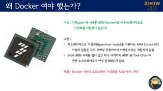 왜 Docker 여야 했는가? DEVIEW
2015
이슈 : V-Raptor 에 사용된 ARM Cortex-A9 이 하드웨어적으로
가상화를 지원하지 않는다!
고민 :
- 하드웨어적으로 가상화(Hypervisor mode...