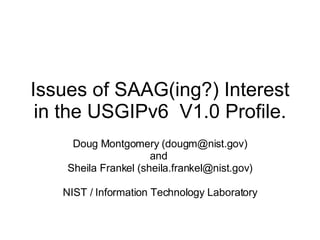 Issues of SAAG(ing?) Interest in the USGIPv6  V1.0 Profile. Doug Montgomery (dougm@nist.gov) and  Sheila Frankel (sheila.frankel@nist.gov) NIST / Information Technology Laboratory 