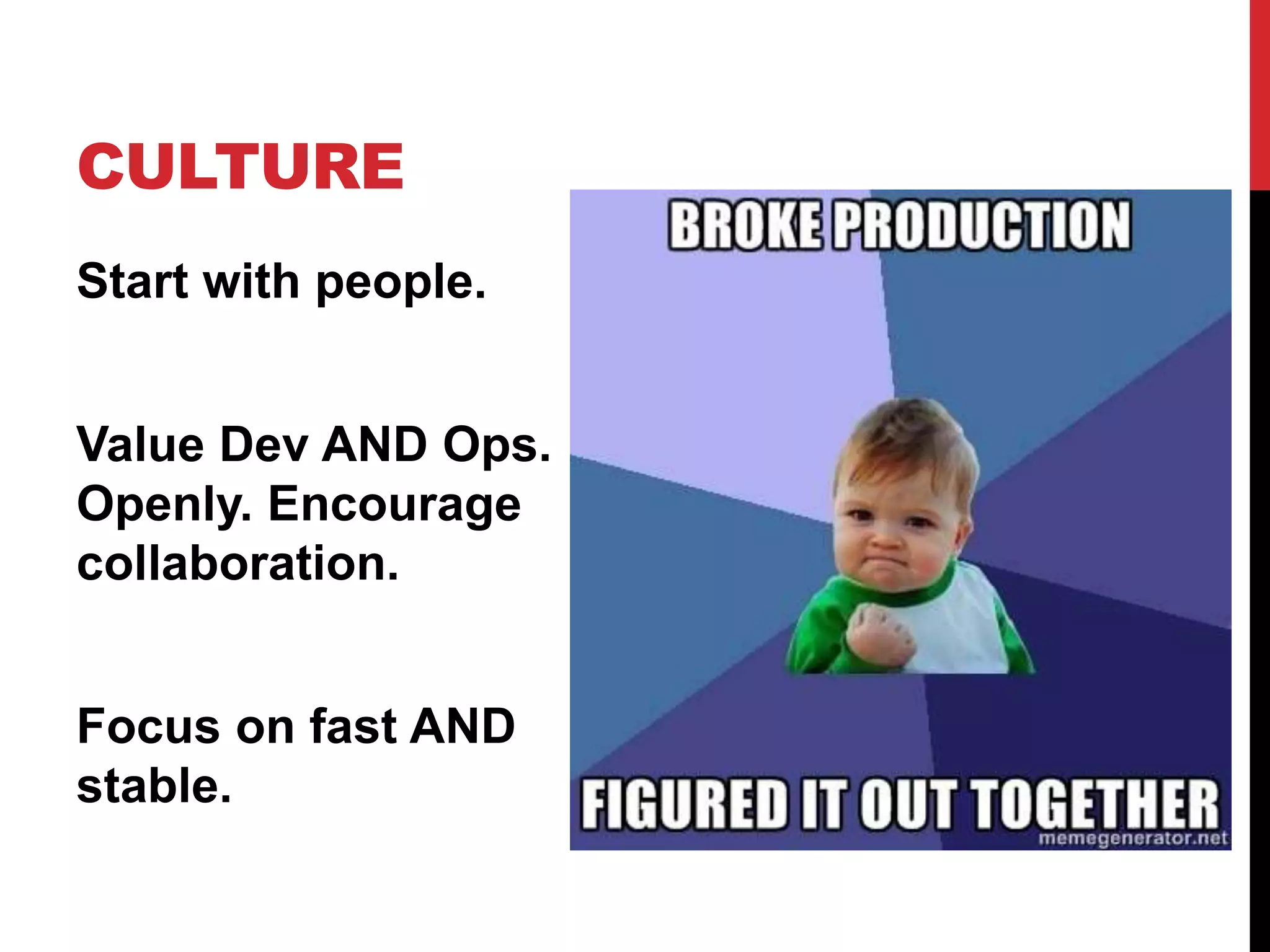 CULTURE
Start with people.
Value Dev AND Ops.
Openly. Encourage
collaboration.
Focus on fast AND
stable.
 