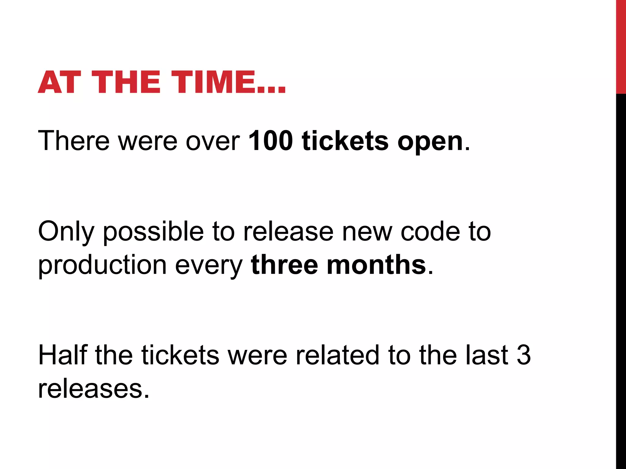 AT THE TIME…
There were over 100 tickets open.
Only possible to release new code to
production every three months.
Half the tickets were related to the last 3
releases.
 