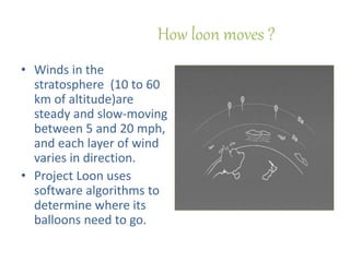 How loon moves ?
• Winds in the
stratosphere (10 to 60
km of altitude)are
steady and slow-moving
between 5 and 20 mph,
and each layer of wind
varies in direction.
• Project Loon uses
software algorithms to
determine where its
balloons need to go.
 