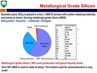 3
Quartzite (sand, SiO2) is placed in a hot (1800oC) furnace with carbon releasing materials,
and reacts as shown, forming metallurgic grade silicon (MGS):
2SiO2(solid) + 2C(solid)  Si(liquid) + 2CO(gas)
Metallurgical Grade Silicon
Metallurgical grade silicon (~98% pure) production and typical impurity levels.
Over 50% MGS is used to make Al alloys. The fraction used for semiconductors is very
small.
 