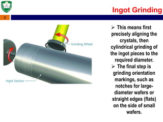 3
Ingot Grinding
 This means first
precisely aligning the
crystals, then
cylindrical grinding of
the ingot pieces to the
required diameter.
 The final step is
grinding orientation
markings, such as
notches for large-
diameter wafers or
straight edges (flats)
on the side of small
wafers.
 