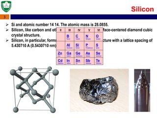 3
 Si and atomic number 14 14. The atomic mass is 28.0855.
 Silicon, like carbon and other group IV elements form face-centered diamond cubic
crystal structure.
 Silicon, in particular, forms a face-centered cubic structure with a lattice spacing of
5.430710 A (0.5430710 nm).
II III IV V VI
B
Boron
C
Carbon
N
Nitrogen
O
Oxygen
Al
Aluminum
Si
Silicon
P
Phosphorus
S
Sulfur
Zn
Zinc
Ga
Galium
Ge
Germanium
As
Arsenic
Se
Selenium
Cd
Cadmium
In
Indium
Sn
Tin
Sb
Antimony
Te
Tellurium
Silicon
 