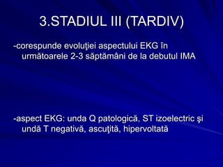 3.STADIUL III (TARDIV)
-corespunde evoluţiei aspectului EKG în
următoarele 2-3 săptămâni de la debutul IMA
-aspect EKG: unda Q patologică, ST izoelectric şi
undă T negativă, ascuţită, hipervoltată
 