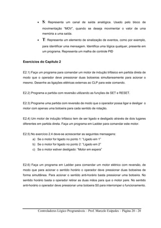 Controladores Lógico Programáveis – Prof. Marcelo Euípedes – Página 20 - 20
• S: Representa um canal de saída analógica. Usado pelo bloco de
movimentação “MOV”, quando se deseja movimentar o valor de uma
memória a uma saída.
• T: Representa um elemento de sinalização de eventos, como por exemplo,
para identificar uma mensagem. Identifica uma lógica qualquer, presente em
um programa. Representa um malha de controle PID
Exercícios do Capítulo 2
E2.1) Faça um programa para comandar um motor de indução trifásico em partida direta de
modo que o operador deve pressionar duas botoeiras simultaneamente para acionar o
mesmo. Desenhe as ligações elétricas externas ao CLP para este comando.
E2.2) Programa a partida com reversão utilizando as funções de SET e RESET.
E2.3) Programe uma partida com reversão de modo que o operador possa ligar e desligar o
motor com apenas uma botoeira para cada sentido de rotação.
E2.4) Um motor de indução trifásico tem de ser ligado e desligado através de dois lugares
diferentes em partida direta. Faça um programa em Ladder para comandar este motor.
E2.5) No exercício 2.4 deve-se acrescentar as seguintes mensagens:
a) Se o motor for ligado no ponto 1: “Ligado em 1”
b) Se o motor for ligado no ponto 2: “Ligado em 2”
c) Se o motor estiver desligado: “Motor em espera”
E2.6) Faça um programa em Ladder para comandar um motor elétrico com reversão, de
modo que para acionar o sentido horário o operador deve pressionar duas botoeiras de
forma simultânea. Para acionar o sentido anti-horário basta pressionar uma botoeira. No
sentido horário basta o operador retirar as duas mãos para que o motor pare. No sentido
anti-horário o operador deve pressionar uma botoeira S0 para interromper o funcionamento.
 