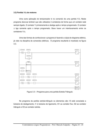 Controladores Lógico Programáveis – Prof. Marcelo Euípedes – Página 24 - 24
3.2) Partida ΥΥΥΥ/∆∆∆∆ de motores
Uma outra aplicação do temporizador é no comando de uma partida Υ/∆. Neste
programa deve-se lembrar que são utilizados 3 contatores de forma que um contator está
sempre ligado. O contator Υ primeiramente e desliga após o tempo programado. O contator
∆ liga somente após o tempo programado. Deve haver um intertravamento entre os
contatores Υ/∆.
Uma das formas de confeccionar o programa é fazendo a cópia do diagrama elétrico,
já visto na disciplina de comandos elétricos. O programa resultante é mostrado na figura
3.3.
Figura 3.3 – Programa para uma partida Estrela-Triângulo
No programa da partida estrela-triângulo os elementos são: I0 está conectada a
botoeira de desligamento, I1 à botoeira de ligamento, O1 ao contator fixo, O2 ao contator
triângulo e O3 ao contator estrela.
 