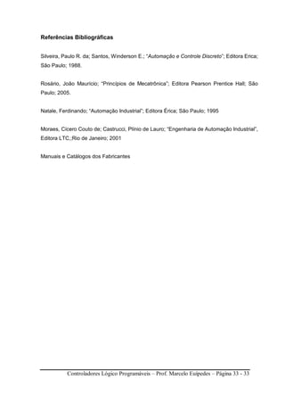 Controladores Lógico Programáveis – Prof. Marcelo Euípedes – Página 33 - 33
Referências Bibliográficas
Silveira, Paulo R. da; Santos, Winderson E.; “Automação e Controle Discreto”; Editora Erica;
São Paulo; 1988.
Rosário, João Maurício; “Princípios de Mecatrônica”; Editora Pearson Prentice Hall; São
Paulo; 2005.
Natale, Ferdinando; “Automação Industrial”; Editora Érica; São Paulo; 1995
Moraes, Cícero Couto de; Castrucci, Plínio de Lauro; “Engenharia de Automação Industrial”,
Editora LTC,;Rio de Janeiro; 2001
Manuais e Catálogos dos Fabricantes
 