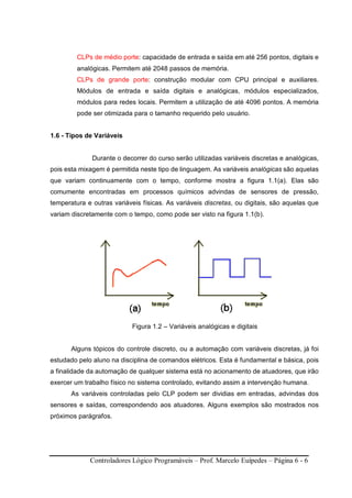 Controladores Lógico Programáveis – Prof. Marcelo Euípedes – Página 6 - 6
CLPs de médio porte: capacidade de entrada e saída em até 256 pontos, digitais e
analógicas. Permitem até 2048 passos de memória.
CLPs de grande porte: construção modular com CPU principal e auxiliares.
Módulos de entrada e saída digitais e analógicas, módulos especializados,
módulos para redes locais. Permitem a utilização de até 4096 pontos. A memória
pode ser otimizada para o tamanho requerido pelo usuário.
1.6 - Tipos de Variáveis
Durante o decorrer do curso serão utilizadas variáveis discretas e analógicas,
pois esta mixagem é permitida neste tipo de linguagem. As variáveis analógicas são aquelas
que variam continuamente com o tempo, conforme mostra a figura 1.1(a). Elas são
comumente encontradas em processos químicos advindas de sensores de pressão,
temperatura e outras variáveis físicas. As variáveis discretas, ou digitais, são aquelas que
variam discretamente com o tempo, como pode ser visto na figura 1.1(b).
Figura 1.2 – Variáveis analógicas e digitais
Alguns tópicos do controle discreto, ou a automação com variáveis discretas, já foi
estudado pelo aluno na disciplina de comandos elétricos. Esta é fundamental e básica, pois
a finalidade da automação de qualquer sistema está no acionamento de atuadores, que irão
exercer um trabalho físico no sistema controlado, evitando assim a intervenção humana.
As variáveis controladas pelo CLP podem ser dividias em entradas, advindas dos
sensores e saídas, correspondendo aos atuadores. Alguns exemplos são mostrados nos
próximos parágrafos.
 