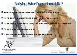 Bullying: What Does it Look Like? A repetition of destructive targeted behaviours Is about the workplace bully’s control needs Is about the focused and systematic selection of targets Is not tough management Can create chaos within an organisation  