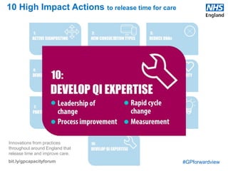 #GPforwardview
Innovations from practices
throughout around England that
release time and improve care.
bit.ly/gpcapacityforum
10 High Impact Actions to release time for care
Take every opportunity to support people to play a greater role in their own health and care. This begins before the consultation, with methods of
signposting patients to sources of information, advice and support in the community. Common examples include patient information websites,
community pharmacies and patient support groups. For people with longterm conditions, this involves working in partnership to understand
patients' mental and social needs as well as physical. Many patients will benefit from training in managing their condition, as well as connections
to care and support services in the community.
Prevention
Some practices are fostering links with their local community and launching new programmes to improve population health and prevent disease.
This spans a range of activities, including health education, promoting healthy eating and physical activity, and influencing other aspects of public
health. A common feature is a focus on communities helping themselves, with statutory services providing support.
Patient online
Technology changes are enabling patients to access their personal record online, through web portals and a growing number of health apps for
mobile phones. This makes common transactions such as ordering a repeat prescription quicker for the patient and for practice staff. It also
allows patients to become better informed about their health and care, and to play a more active role. With explanation and support, patients and
their carers are able to check test results, the progress of investigations and referrals, read and share their care plan, and enter details of home
monitoring, such as blood pressure, weight, and sugar tests. As well as being popular with patients, GP practices are reporting a reduction in
workload as a result of patients using these online services.
Acute episodes
Practices are increasingly involved in supporting patients with minor ailments to care for themselves. This often includes providing advice and
signposting to services provided by community pharmacy. Education also plays a part, with growing numbers of practies contributing to efforts to
teach people about the best ways to seek help when ill. This often begins with engagement in local primary schools.
Longterm conditions
For people with longterm conditions, a more proactive approach to care is being adopted, alongside a focused effort to help people play a more
active role in monitoring and managing their condition. Initiatives include supporting people to access their full medical record online, the use of
health coaching in clinical consultations and the provision of training and support in the community, aiming to build the knowledge, skills and
confidence for patients and carers to manage their condition. This builds patients’ own assets and quality of life, as well as reducing their
dependence on services such as the general practice.
 
