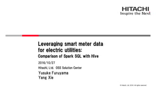© Hitachi, Ltd. 2016. All rights reserved.
Hitachi, Ltd. OSS Solution Center
2016/10/27
Yusuke Furuyama
Yang Xie
Leveraging smart meter data
for electric utilities:
Comparison of Spark SQL with Hive
 