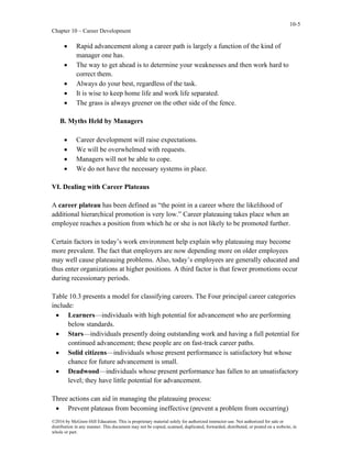 10-5
Chapter 10 – Career Development
©2016 by McGraw-Hill Education. This is proprietary material solely for authorized instructor use. Not authorized for sale or
distribution in any manner. This document may not be copied, scanned, duplicated, forwarded, distributed, or posted on a website, in
whole or part.
• Rapid advancement along a career path is largely a function of the kind of
manager one has.
• The way to get ahead is to determine your weaknesses and then work hard to
correct them.
• Always do your best, regardless of the task.
• It is wise to keep home life and work life separated.
• The grass is always greener on the other side of the fence.
B. Myths Held by Managers
• Career development will raise expectations.
• We will be overwhelmed with requests.
• Managers will not be able to cope.
• We do not have the necessary systems in place.
VI. Dealing with Career Plateaus
A career plateau has been defined as “the point in a career where the likelihood of
additional hierarchical promotion is very low.” Career plateauing takes place when an
employee reaches a position from which he or she is not likely to be promoted further.
Certain factors in today’s work environment help explain why plateauing may become
more prevalent. The fact that employers are now depending more on older employees
may well cause plateauing problems. Also, today’s employees are generally educated and
thus enter organizations at higher positions. A third factor is that fewer promotions occur
during recessionary periods.
Table 10.3 presents a model for classifying careers. The Four principal career categories
include:
• Learners—individuals with high potential for advancement who are performing
below standards.
• Stars—individuals presently doing outstanding work and having a full potential for
continued advancement; these people are on fast-track career paths.
• Solid citizens—individuals whose present performance is satisfactory but whose
chance for future advancement is small.
• Deadwood—individuals whose present performance has fallen to an unsatisfactory
level; they have little potential for advancement.
Three actions can aid in managing the plateauing process:
• Prevent plateaus from becoming ineffective (prevent a problem from occurring)
 