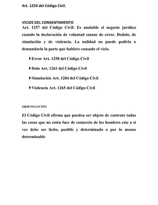 Art. 1254 del Código Civil.
VICIOS DEL CONSENTIMIENTO
Art. 1257 del Código Civil: Es anulable el negocio jurídico
cuando la declaración de voluntad emane de error. Dedolo, de
simulación y de violencia. La nulidad no puede pedirla o
demandarla la parte que hubiere causado el vicio.
Error Art. 1258 del Código Civil
Dolo Art. 1261 del Código Civil
Simulación Art. 1284 del Código Civil
Violencia Art. 1265 del Código Civil
OBJETO LICITO
El Código Civil afirma que pueden ser objeto de contrato todas
las cosas que no estén fuer de comercio de los hombres este a si
vez debe ser lícito, posible y determinado o por lo menos
determinable
 