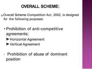 OVERALL SCHEME:
@ Overall Scheme Competition Act, 2002, is designed
for the following purposes:
• Prohibition of anti-competitive
agreements;
►Horizontal Agreement
►Vertical Agreement
• Prohibition of abuse of dominant
position
 