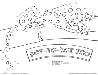 What animal is it?
Count by 2‛s to complete
the picture.
More worksheets at www.education.com/worksheetsCopyright © 2011-2012 by Education.com
40
42 44
46
48 50
52 54
5658
60
62
6466
68
70
72
74
76
78
80
828486
88 90
92
94
96
98
100
102
104
106108
110112
114
116118
120
122
124
126
128
130
4
6
8
10
12 14
1618
20
22 24
26
28 30
32
34
36
38
132
134
136
138
140
142
144
146
148 150
152
154
156
158
160
162
164
166
168
170
172
174
2
 