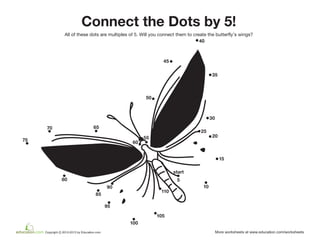 110
105
100
95
90
85
80
75
70 65
60
55
50
45
40
35
30
25
20
15
10
5
start
Connect the Dots by 5!
All of these dots are multiples of 5. Will you connect them to create the butterfly’s wings?
 