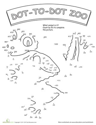10
15 20 25
30
35
40
45
5055
60
65
70
75
80
8590
95
100
105
110
115
120
125
130
135
140
145
150
155
160
165
170 175
180
185190
195
200
205
210
215
220
225
230
235
240
245 250
255
260
265
270
280
275
285
290
295
300
5
305
310
315
320
325
330
335
340 345
350
355
360
365
370
375380
385
390
395
400
405410
415
420
425
430
435
440
445450
455
460
465
470
475
480
485
490
495
500
505
What animal is it?
Count by 5‛s to complete
the picture.
More worksheets at www.education.com/worksheetsCopyright © 2011-2012 by Education.com
 