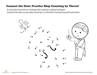 Connect the Dots: Practice Skip Counting by Threes!
A musical instrument is missing and a concert is about to begin!
Connect the dots as you skip count by 3, to find the missing musical instrument.
6
9
12
15
18
21
24 27
30
33
36
39
42
45
48
37
43
46
6
6
16
23
11
29
51
3
Start
More worksheets at www.education.com/worksheetsCopyright © 2009-2010 by Education.com
 