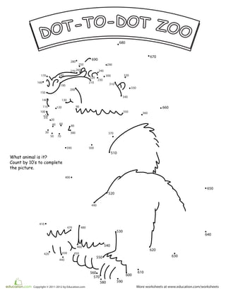 What animal is it?
Count by 10‛s to complete
the picture.
More worksheets at www.education.com/worksheetsCopyright © 2011-2012 by Education.com
20
30
40
50
60
70
80
90
100
110 120
130140
150
160
170 180
190
200
210
220
230
240
250
260270
280
290
300
310
320
330
340
350 360
370380
390
400
410
420 430
440
450
460
470 480
490
500
10
510
520
530
540
550
560
570
580 590
600
610
620
630
640
650
660
670
680
690
 