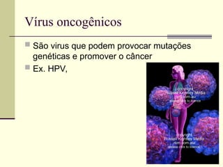 Vírus oncogênicos
 São virus que podem provocar mutações
genéticas e promover o câncer
 Ex. HPV,
 