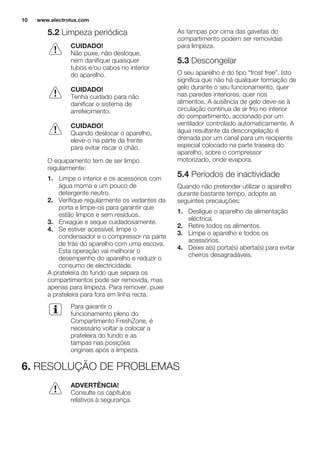 5.2 Limpeza periódica
CUIDADO!
Não puxe, não desloque,
nem danifique quaisquer
tubos e/ou cabos no interior
do aparelho.
CUIDADO!
Tenha cuidado para não
danificar o sistema de
arrefecimento.
CUIDADO!
Quando deslocar o aparelho,
eleve-o na parte da frente
para evitar riscar o chão.
O equipamento tem de ser limpo
regularmente:
1. Limpe o interior e os acessórios com
água morna e um pouco de
detergente neutro.
2. Verifique regularmente os vedantes da
porta e limpe-os para garantir que
estão limpos e sem resíduos.
3. Enxagúe e seque cuidadosamente.
4. Se estiver acessível, limpe o
condensador e o compressor na parte
de trás do aparelho com uma escova.
Esta operação vai melhorar o
desempenho do aparelho e reduzir o
consumo de electricidade.
A prateleira do fundo que separa os
compartimentos pode ser removida, mas
apenas para limpeza. Para remover, puxe
a prateleira para fora em linha recta.
Para garantir o
funcionamento pleno do
Compartimento FreshZone, é
necessário voltar a colocar a
prateleira do fundo e as
tampas nas posições
originais após a limpeza.
As tampas por cima das gavetas do
compartimento podem ser removidas
para limpeza.
5.3 Descongelar
O seu aparelho é do tipo “frost free”. Isto
significa que não há qualquer formação de
gelo durante o seu funcionamento, quer
nas paredes interiores, quer nos
alimentos. A ausência de gelo deve-se à
circulação contínua de ar frio no interior
do compartimento, accionado por um
ventilador controlado automaticamente. A
água resultante da descongelação é
drenada por um canal para um recipiente
especial colocado na parte traseira do
aparelho, sobre o compressor
motorizado, onde evapora.
5.4 Períodos de inactividade
Quando não pretender utilizar o aparelho
durante bastante tempo, adopte as
seguintes precauções:
1. Desligue o aparelho da alimentação
eléctrica.
2. Retire todos os alimentos.
3. Limpe o aparelho e todos os
acessórios.
4. Deixe a(s) porta(s) aberta(s) para evitar
cheiros desagradáveis.
6. RESOLUÇÃO DE PROBLEMAS
ADVERTÊNCIA!
Consulte os capítulos
relativos à segurança.
www.electrolux.com10
 