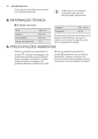 Pode adquirir novos filtros de ar activos
num representante local.
O filtro de ar é um acessório
consumível, pelo que não
está abrangido pela garantia.
8. INFORMAÇÃO TÉCNICA
8.1 Dados técnicos
Altura 1840 mm
Largura 595 mm
Profundidade 642 mm
Tempo de autonomia 17 h
Voltagem 230 - 240 V
Frequência 50 Hz
As informações técnicas encontram-se na
placa de características, que está no
exterior ou no interior do aparelho, bem
como na etiqueta de energia.
9. PREOCUPAÇÕES AMBIENTAIS
Recicle os materiais que apresentem o
símbolo . Coloque a embalagem nos
contentores indicados para reciclagem.
Ajude a proteger o ambiente e a saúde
pública através da reciclagem dos
aparelhos eléctricos e electrónicos. Não
elimine os aparelhos que tenham o
símbolo juntamente com os resíduos
domésticos. Coloque o produto num
ponto de recolha para reciclagem local ou
contacte as suas autoridades municipais.
www.electrolux.com14
 